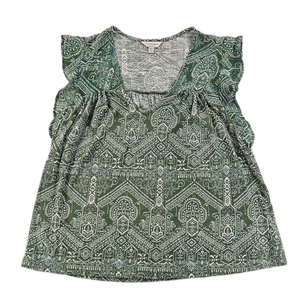 Lucky Brand Women's Medium Green Printed Ruffle Sleeve Tie-Neck Blouse 7WP6550